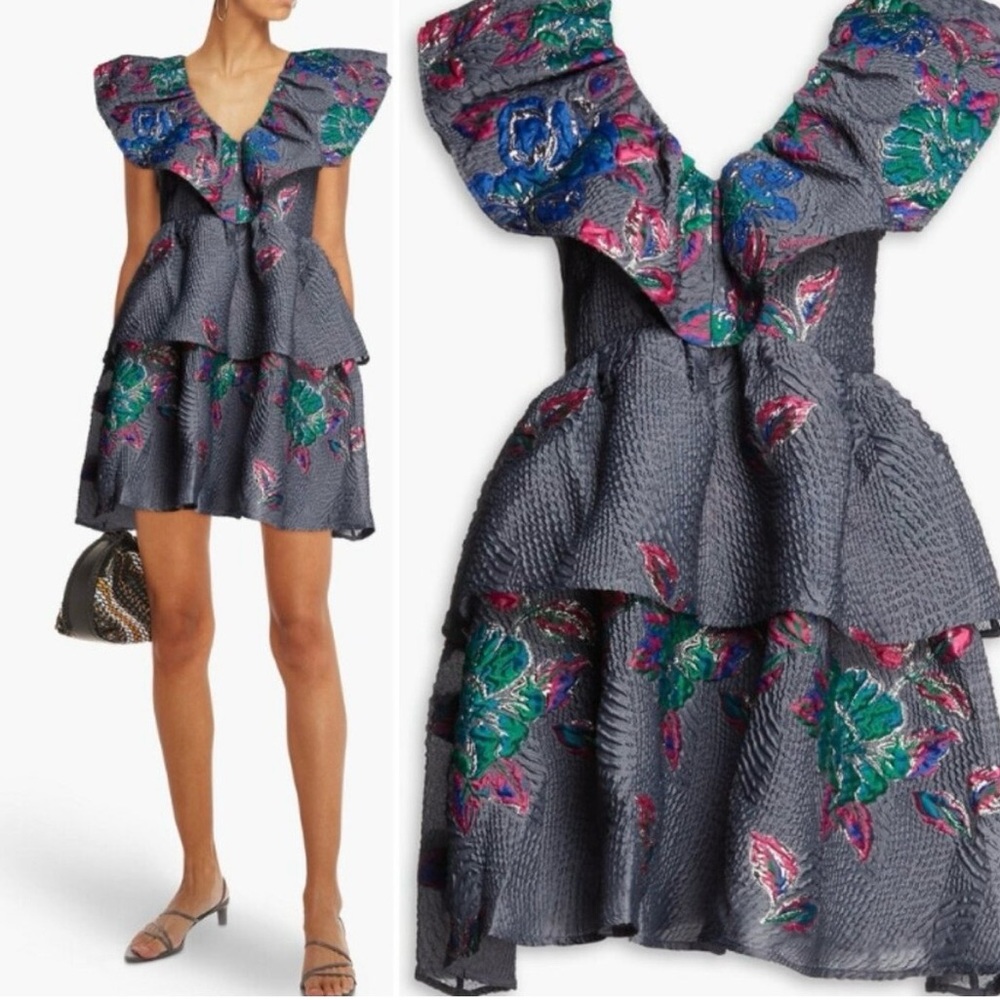 GANNI Mini Dress - Jacquard embroidered brocade cocktail dress metallic details